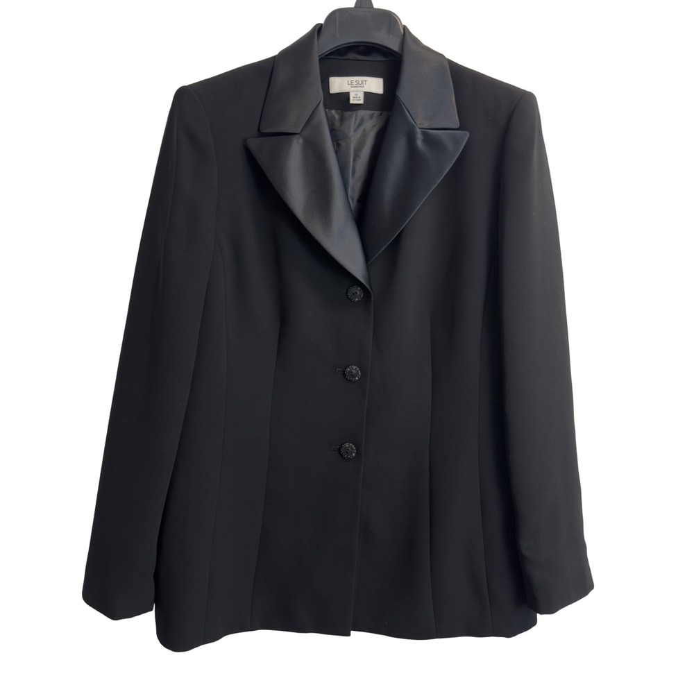 Le Suit Essentials Black Blazer Satin Peak Lapel Tuxedo Jacket Womens 12
